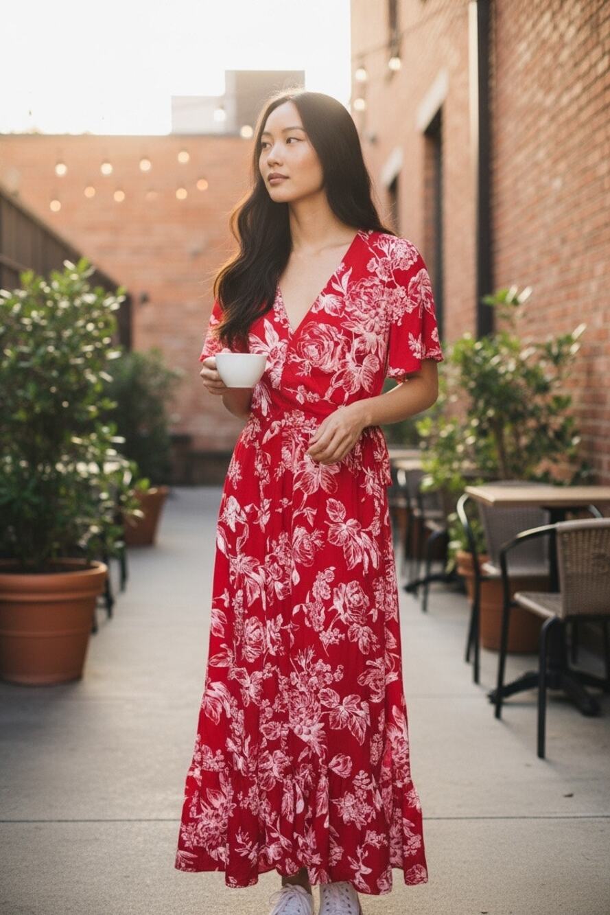 Abercrombie & Fitch Floral Wrap Midi Dress NWT Red Flutter Sleeve Small Tall